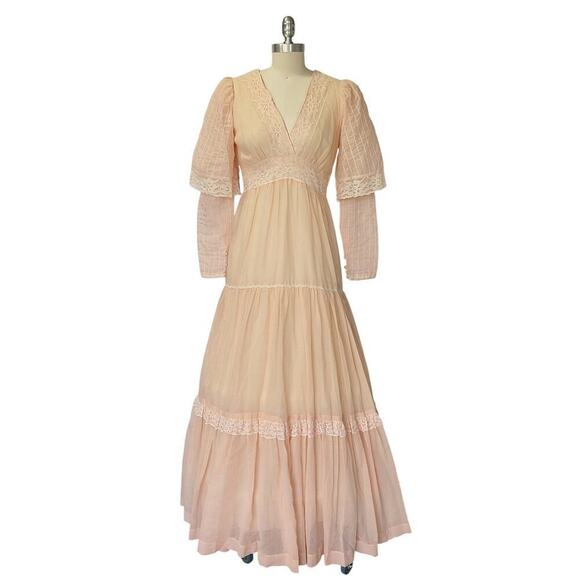 Gunne Sax Pink Peachy Maxi Dress Size 11 S Vintage 70s Overlay Sleeves Prairie - Picture 2 of 11